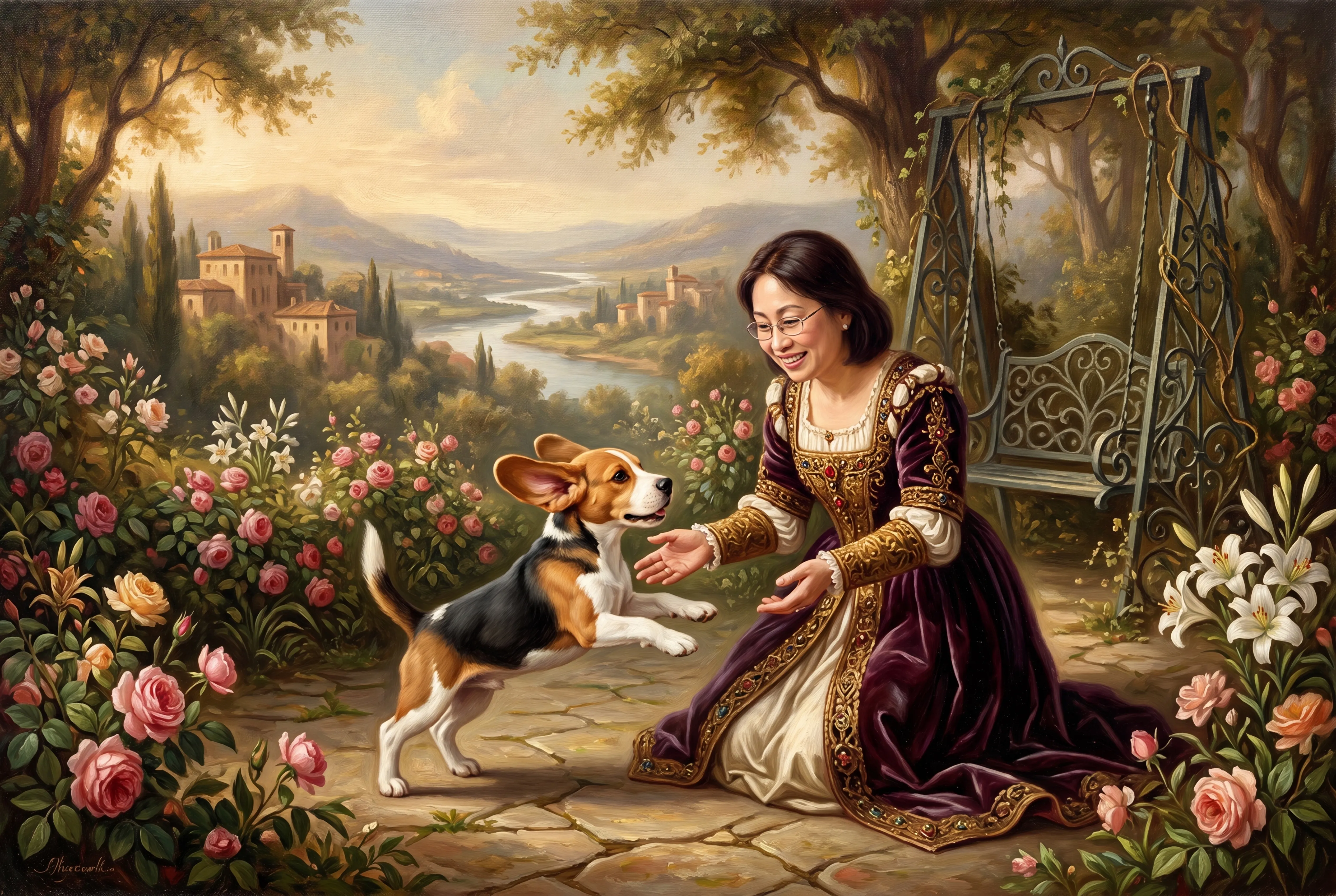 時光莊園裡的純真邂逅:文藝復興風格人犬繪像