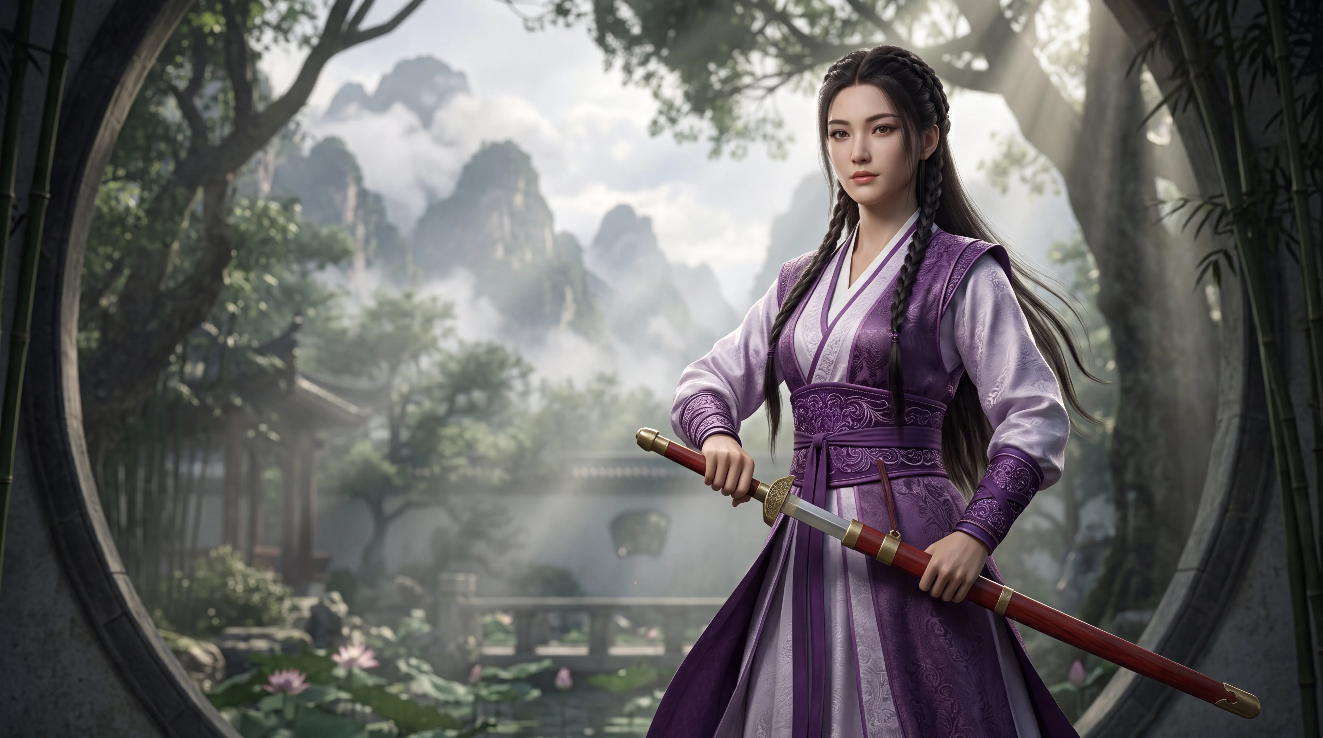 紫影劍心:薄霧園林中的俠女姿影