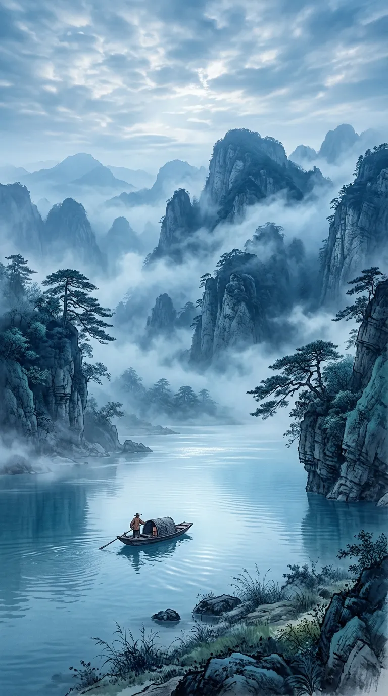 雲山江影:靜謐的水墨山水遠景