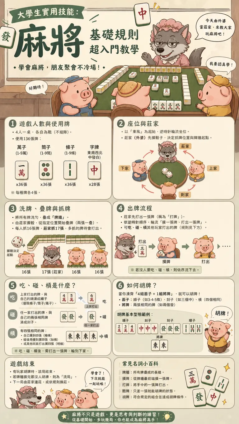 大學生實用技能：三隻小豬與狼外婆的麻將基礎教學海報