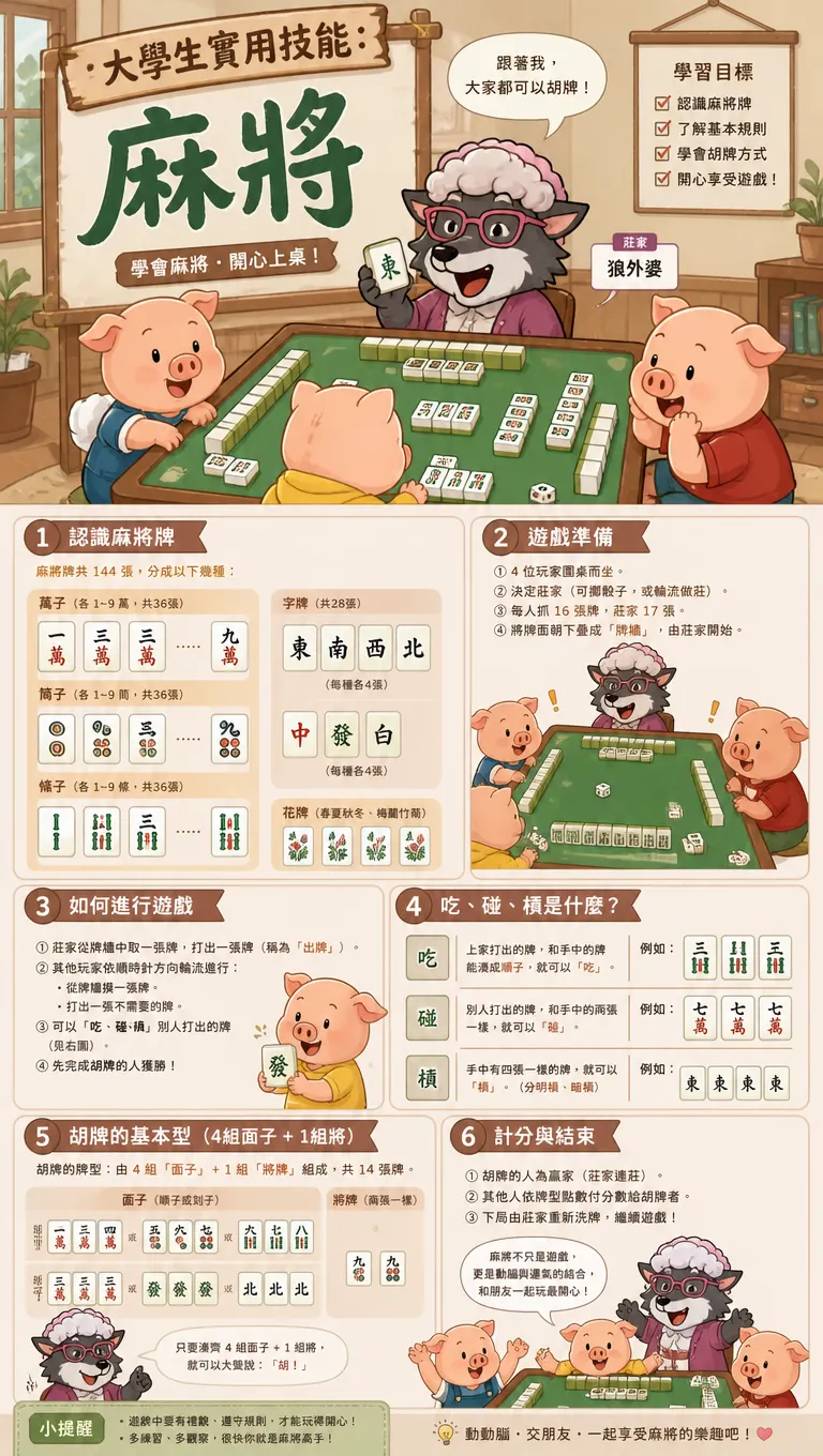 大學生實用技能：三隻小豬與狼外婆的麻將教室