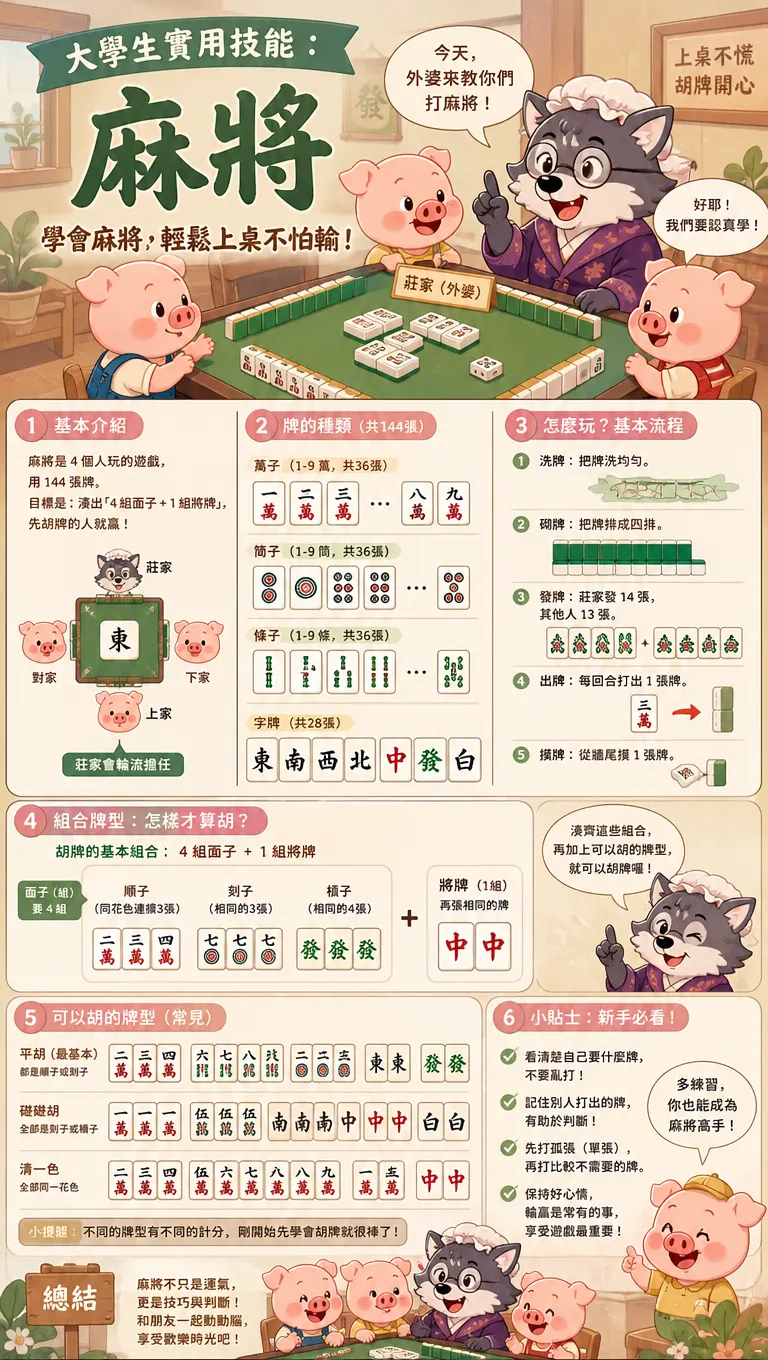 大學生實用技能：三隻小豬與狼外婆的麻將教室