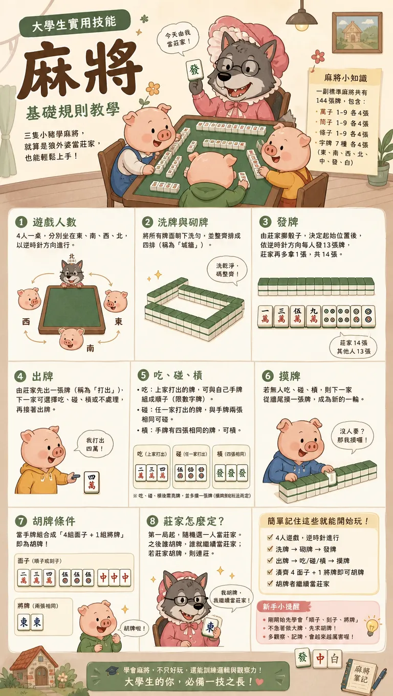大學生必備：三隻小豬與狼外婆的麻將基礎教學海報