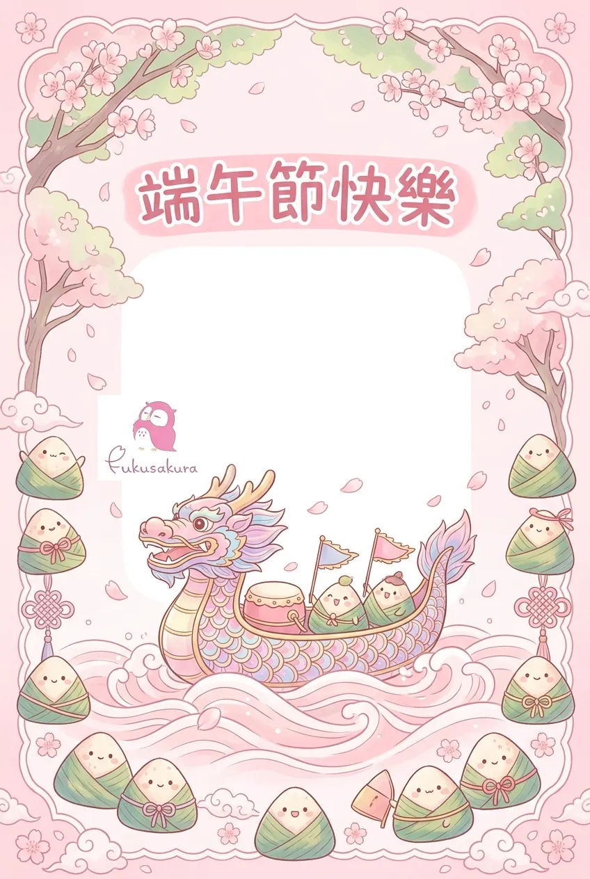 櫻花漫舞端午慶典:粉萌龍舟賀卡背景