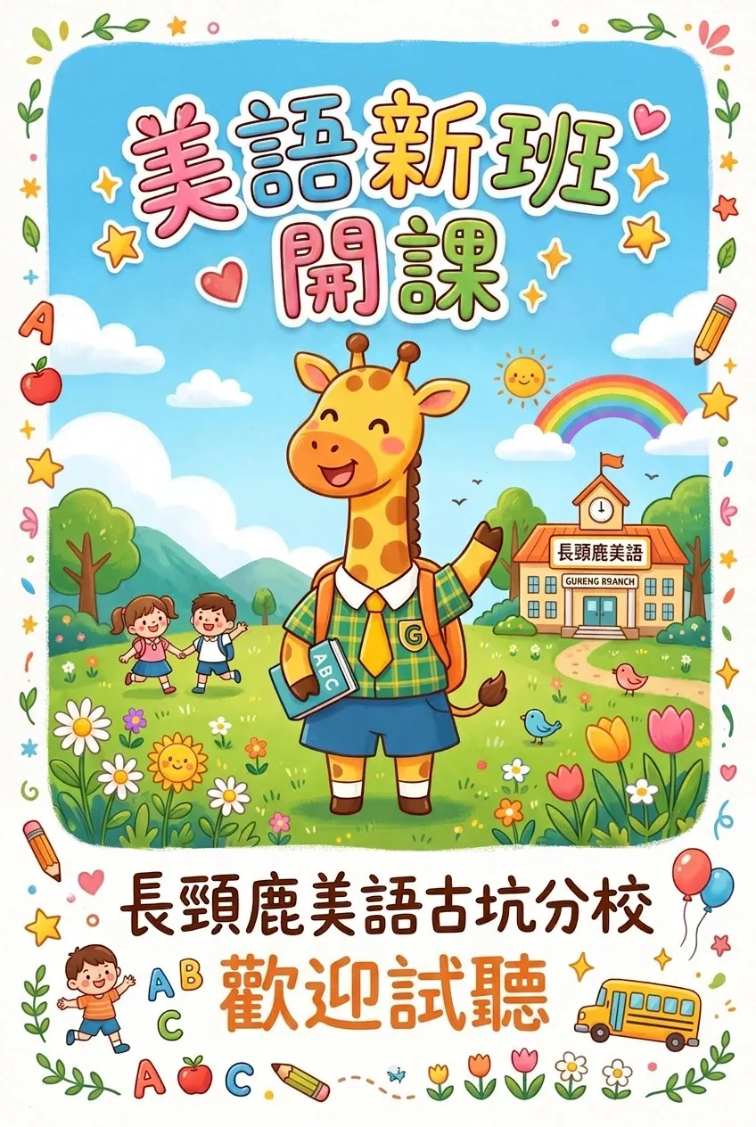 美語新班開課:歡樂長頸鹿校園招生海報