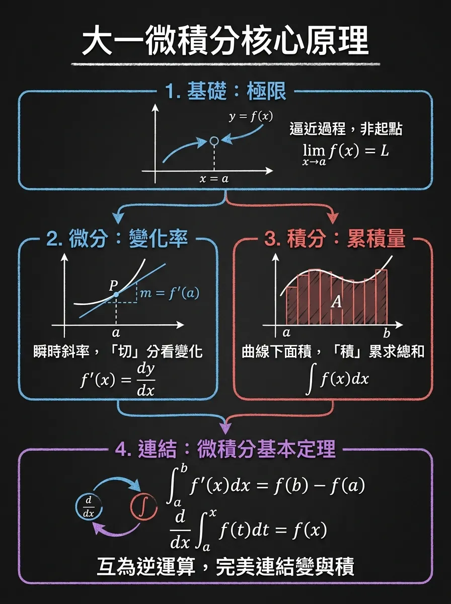 大一微積分核心原理：從極限到基本定理的視覺指南
