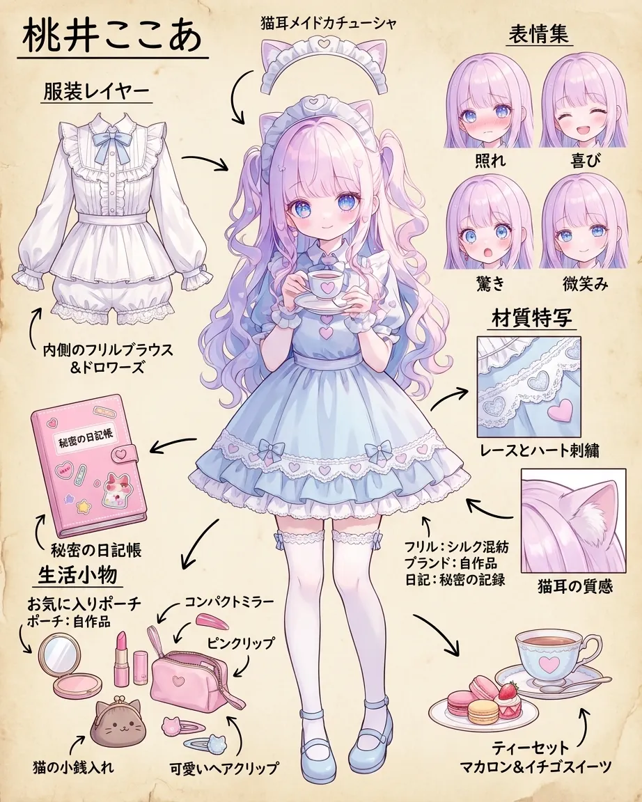 桃井ここあ:パステルカラーの猫耳メイド・キャラクターシート