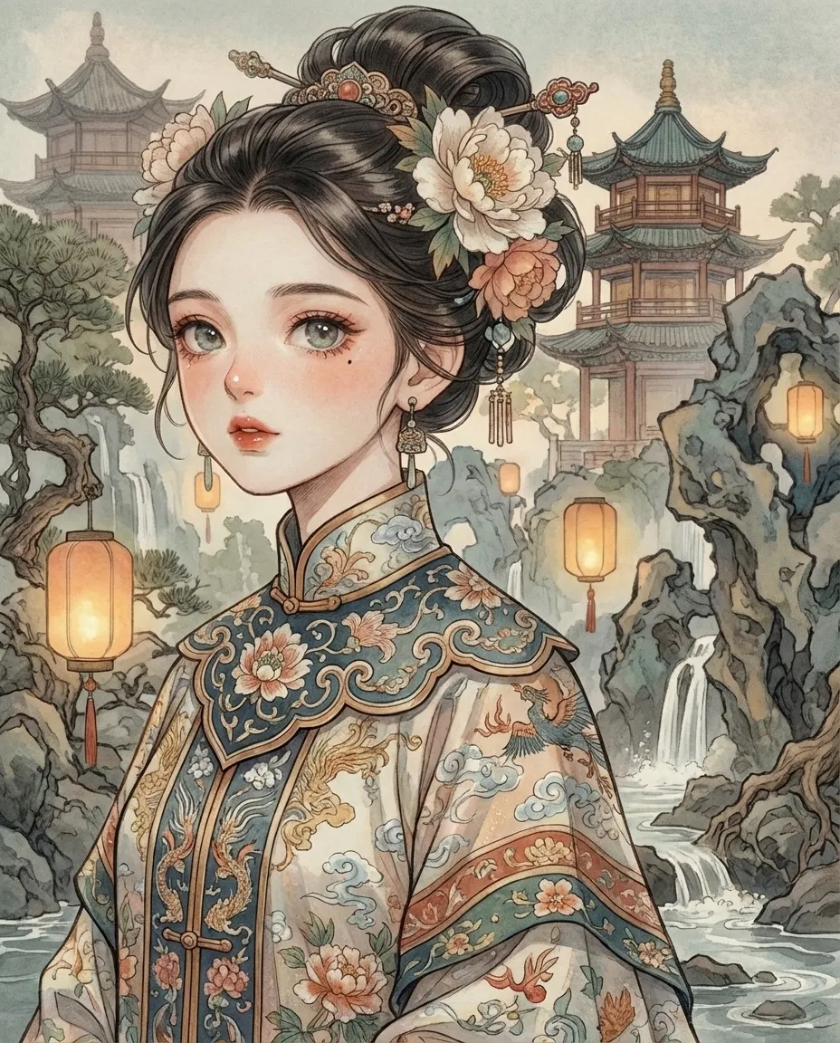 古風佳人：牡丹錦繡與亭台樓閣