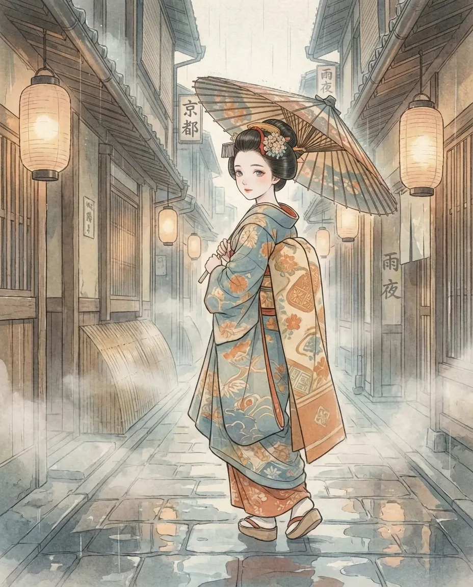 京都雨夜情懷:撐傘藝妓