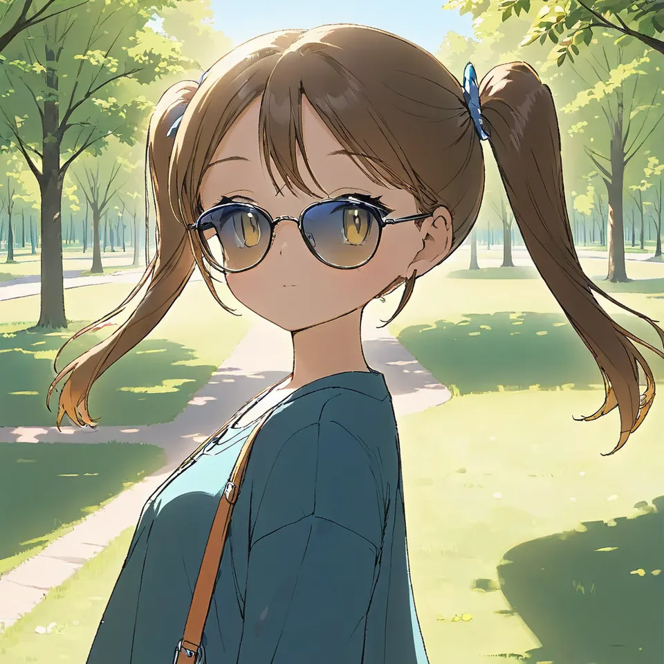 girl, twintail, sunglasses, park, trees, close-up