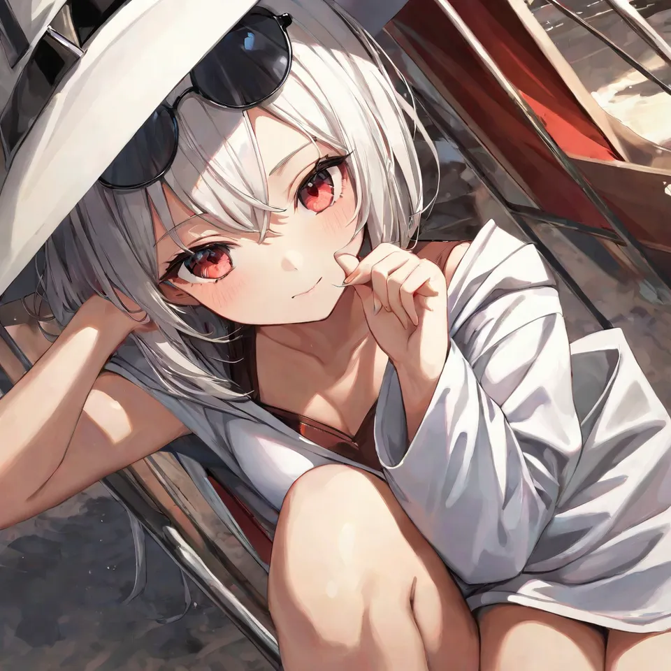 cute, 1girl, solo, early teen, white short hair, red eyes, wizard hat, robe, from above, close-up, reclining on beach chair, hand on eyewear, sunglasses, beach, summer, sunlight, dynamic angle, depth of field
