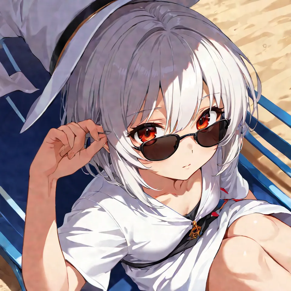 cute, 1girl, solo, early teen, white short hair, red eyes, wizard hat, robe, from above, close-up, reclining on beach chair, hand on eyewear, sunglasses, beach, summer, sunlight, dynamic angle, depth of field