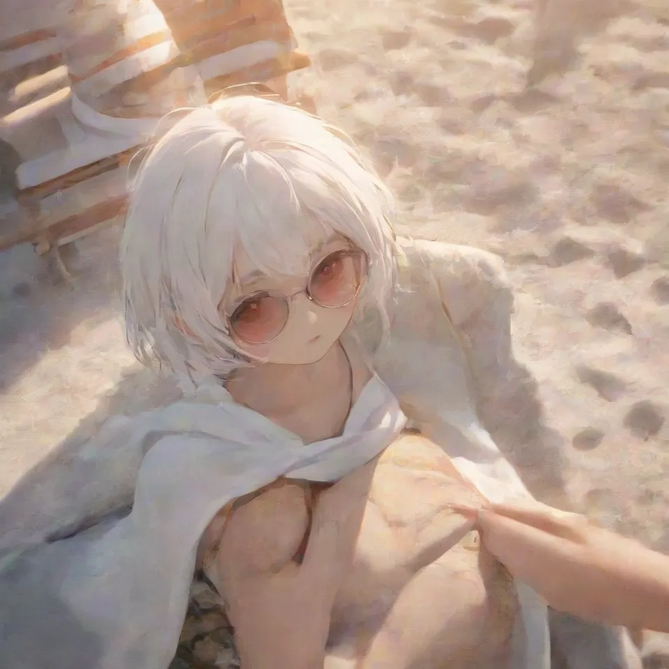 cute, 1girl, solo, early teen, white short hair, red eyes, wizard hat, robe, from above, close-up, reclining on beach chair, hand on eyewear, sunglasses, beach, summer, sunlight, dynamic angle, depth of field