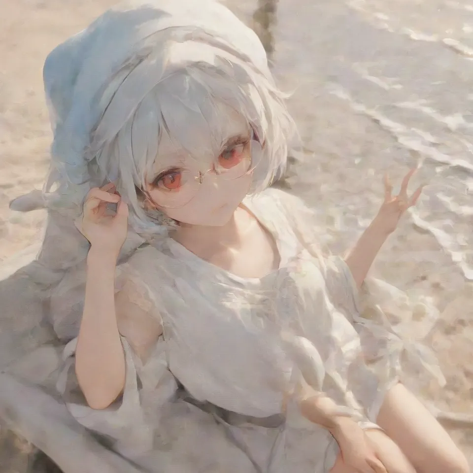 cute, 1girl, solo, early teen, white short hair, red eyes, wizard hat, robe, from above, close-up, reclining on beach chair, hand on eyewear, sunglasses, beach, summer, sunlight, dynamic angle, depth of field