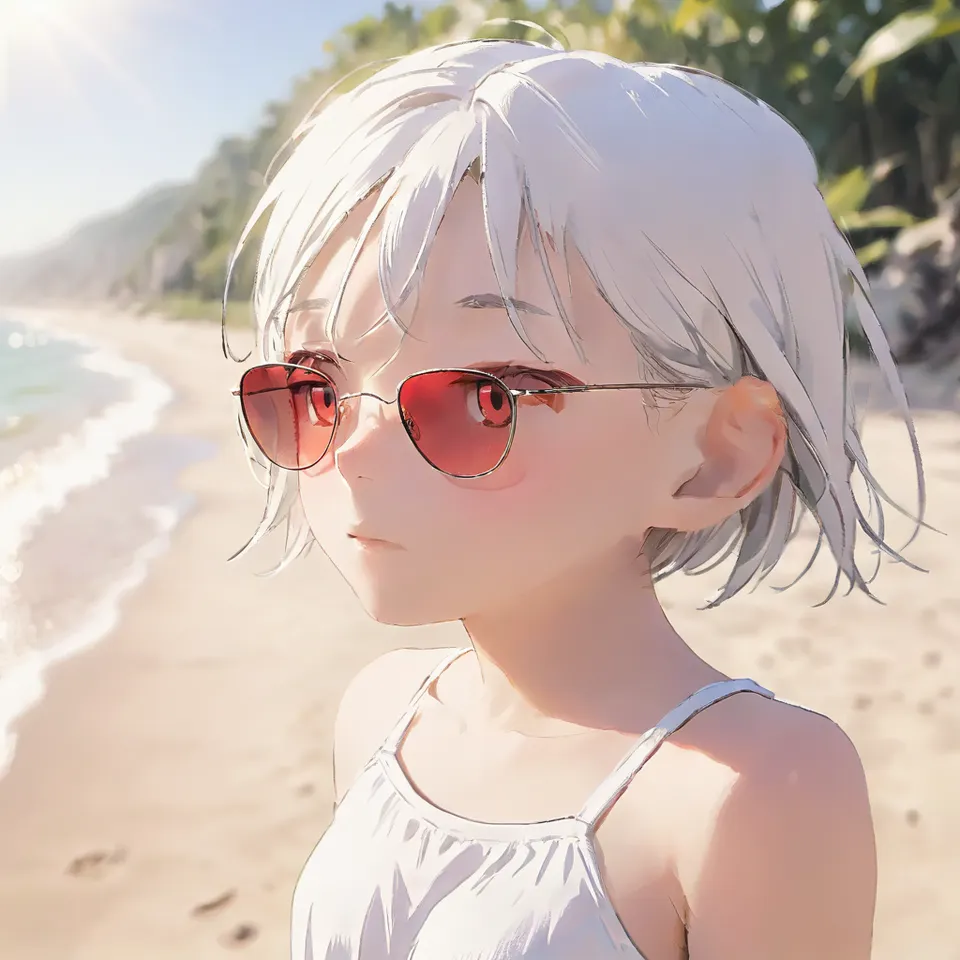 cute, 1girl, solo, early teen, white short hair, red eyes, close-up, sunglasses, beach, summer, sunlight, dynamic angle, depth of field