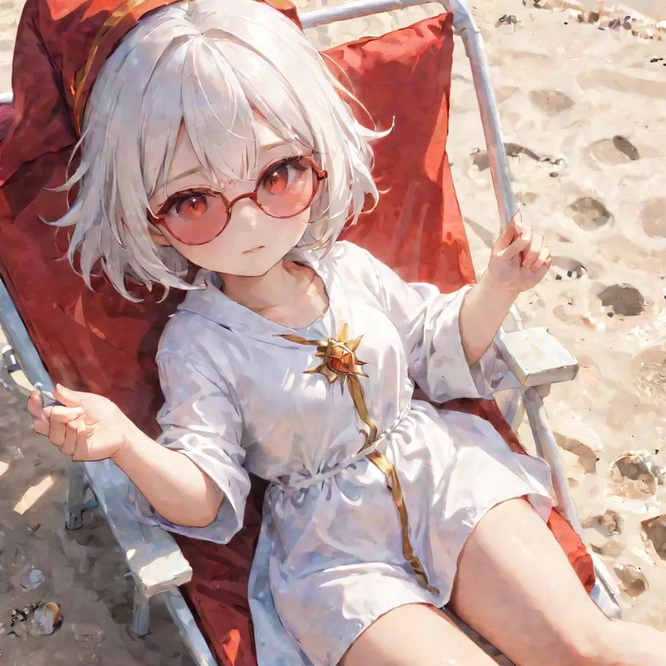 cute, 1girl, solo, early teen, white short hair, red eyes, wizard hat, robe, from above, close-up, reclining on beach chair, hand on eyewear, sunglasses, beach, summer, sunlight, dynamic angle, depth of field
