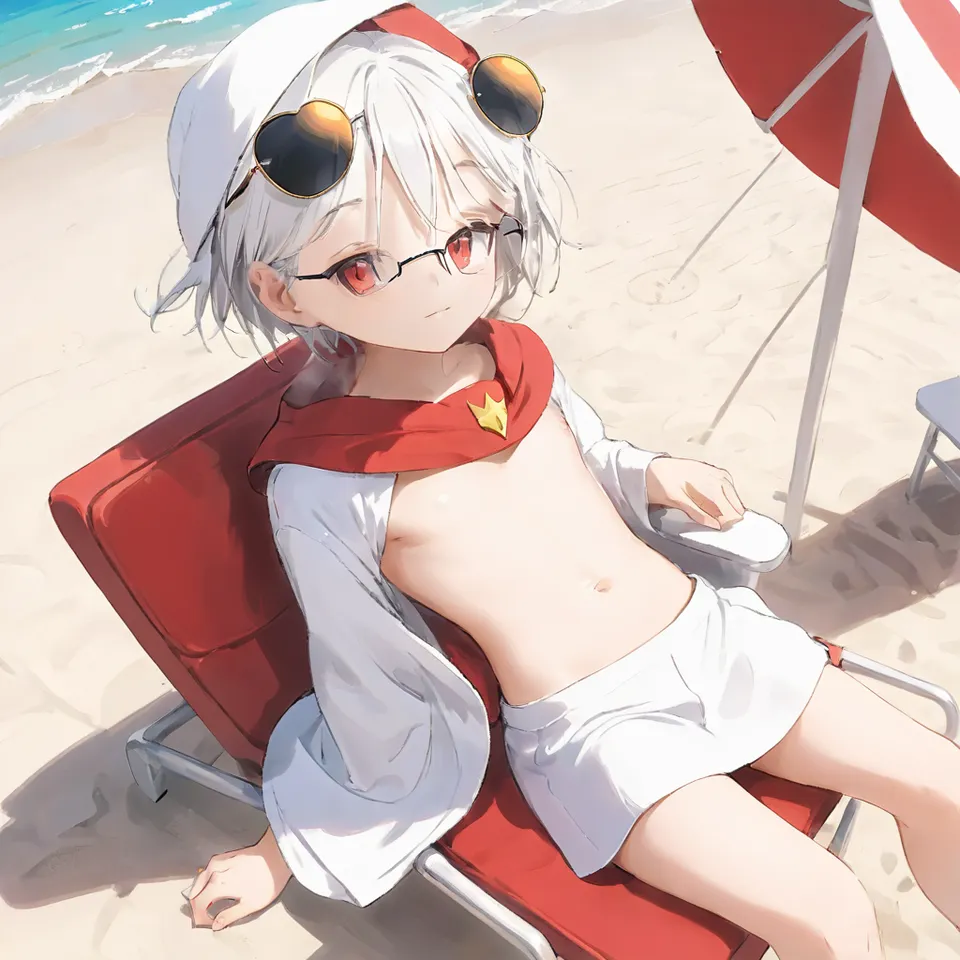 cute, 1girl, solo, early teen, white short hair, red eyes, wizard hat, robe, from above, close-up, reclining on beach chair, hand on eyewear, sunglasses, beach, summer, sunlight, dynamic angle, depth of field