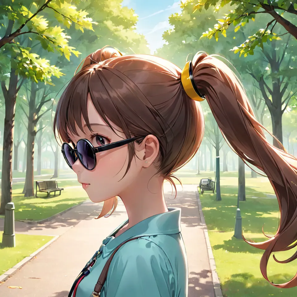 girl, twintail, sunglasses, park, trees, close-up