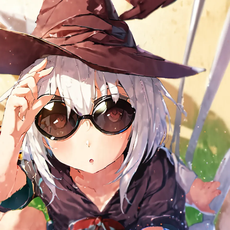 cute, 1girl, solo, early teen, white short hair, red eyes, wizard hat, robe, from above, close-up, reclining on beach chair, hand on eyewear, sunglasses, beach, summer, sunlight, dynamic angle, depth of field