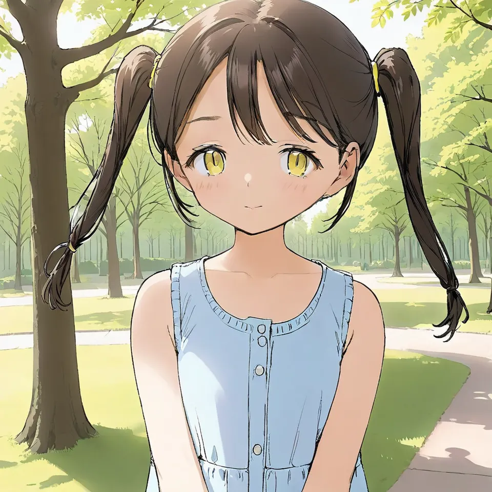 girl, twintail, park, trees, close-up
