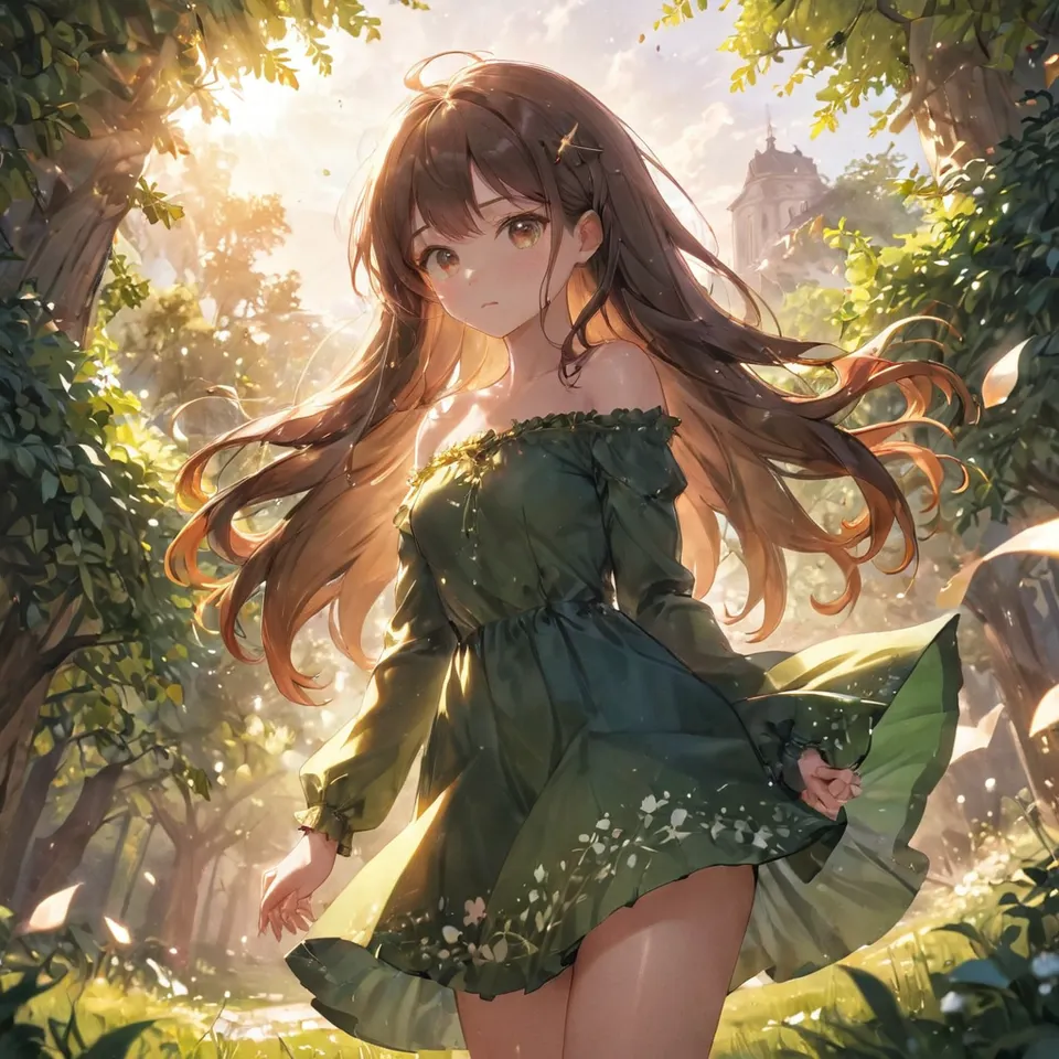 anime, 1other, solo, ahoge, brown eyes, brown hair, dappled sunlight, dress, field, floating hair, food print, from below, glowing, glowing petals, green dress, long hair, long sleeves, looking down, off shoulder, off-shoulder dress, outdoors, parted lips, petals, print dress, print dress, sunlight, sunset, sunlight, masterpiece, best quality