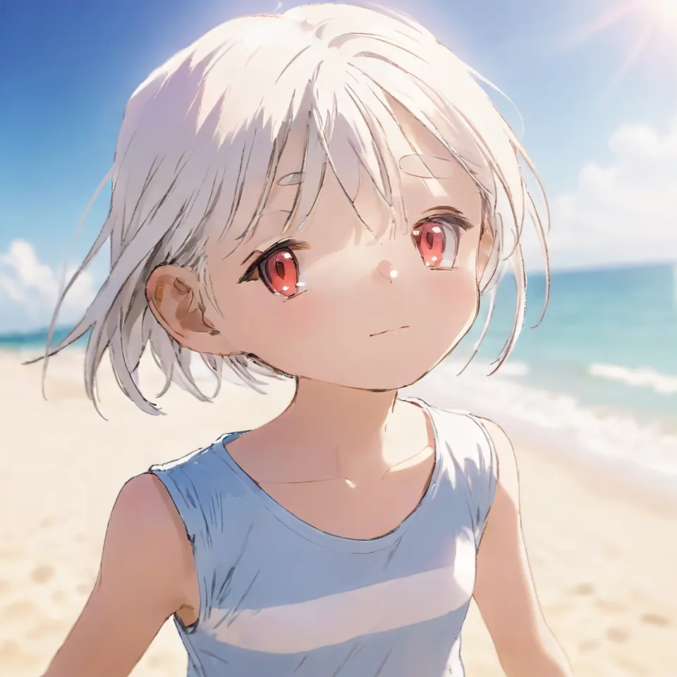 cute, 1girl, solo, early teen, white short hair, red eyes, close-up, sunglasses, beach, summer, sunlight, dynamic angle, depth of field