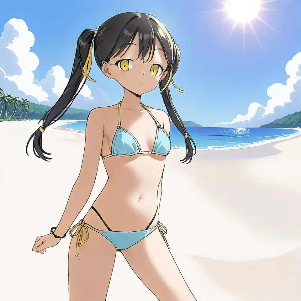 kaneda style, girl, black hair, twintails, yellow ribbons, yellow eyes, sky blue bikini, side-tie bikini bottom, white sand beach, sun, ocean, cloud