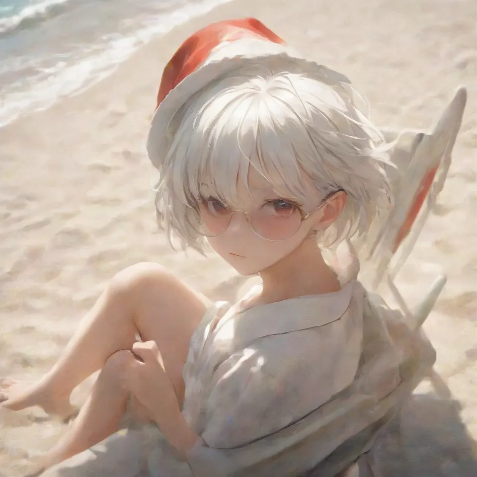 cute, 1girl, solo, early teen, white short hair, red eyes, wizard hat, robe, from above, close-up, reclining on beach chair, hand on eyewear, sunglasses, beach, summer, sunlight, dynamic angle, depth of field