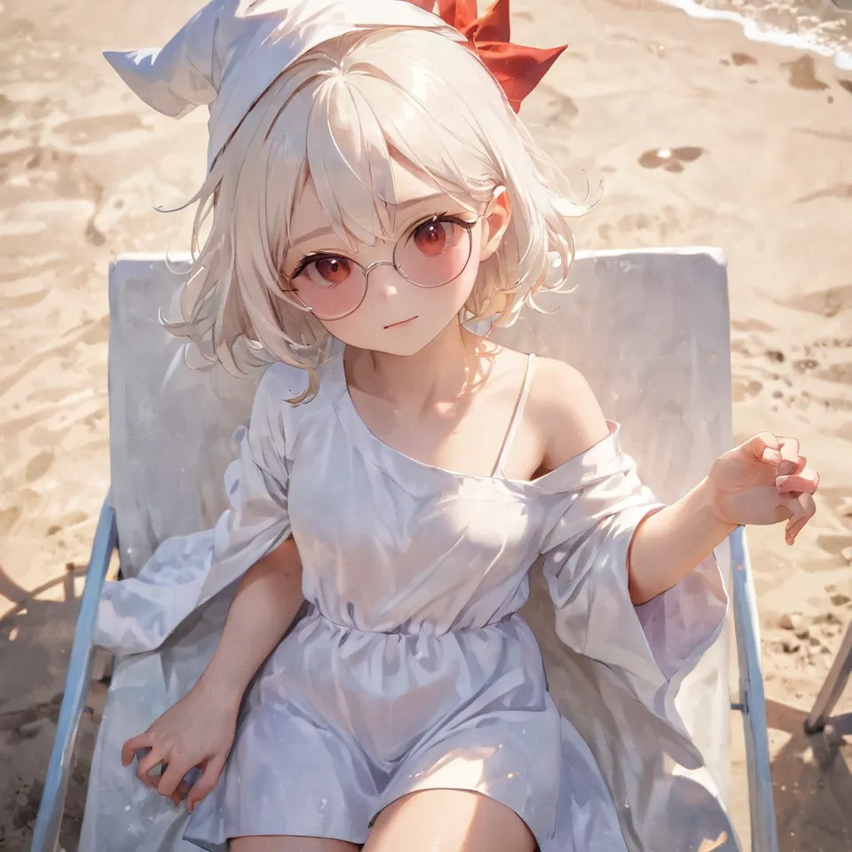 cute, 1girl, solo, early teen, white short hair, red eyes, wizard hat, robe, from above, close-up, reclining on beach chair, hand on eyewear, sunglasses, beach, summer, sunlight, dynamic angle, depth of field