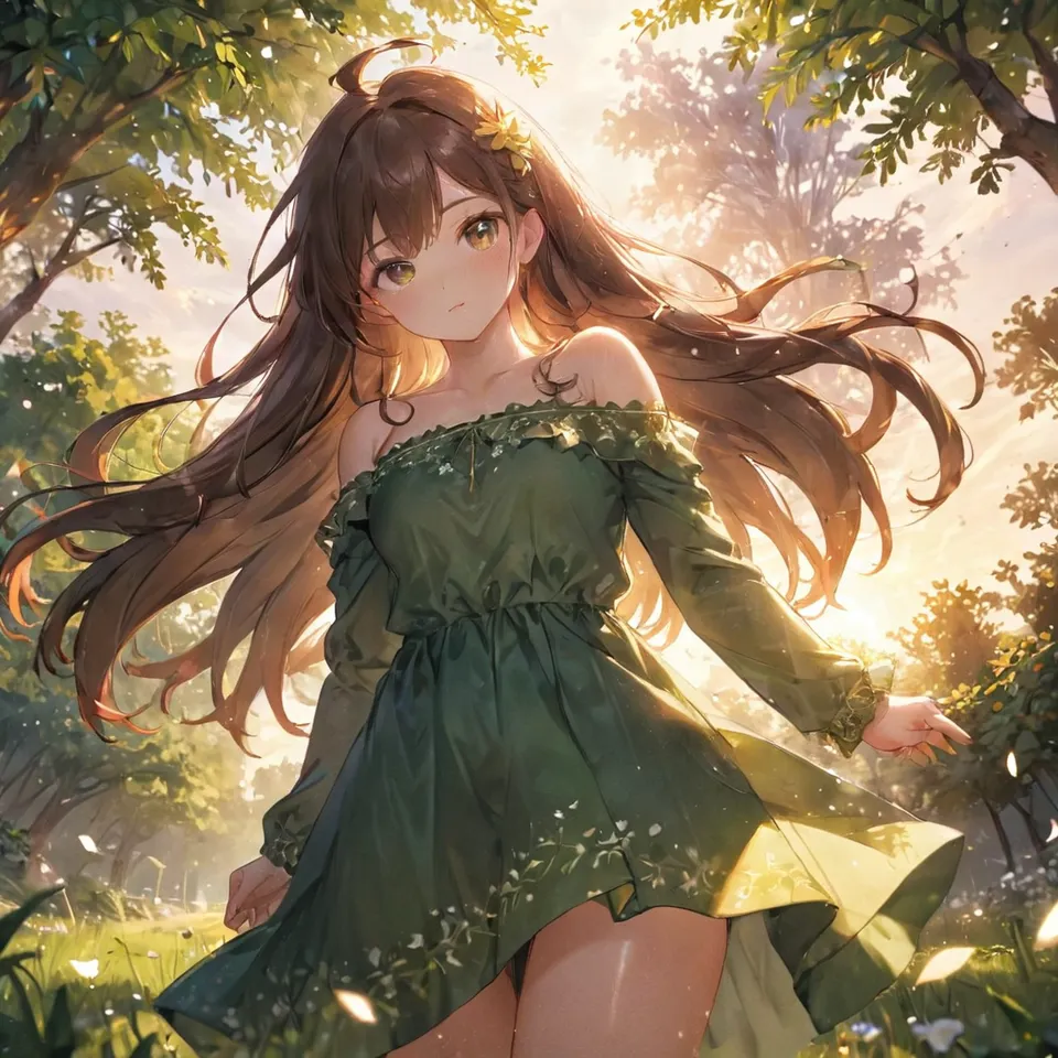 anime, 1other, solo, ahoge, brown eyes, brown hair, dappled sunlight, dress, field, floating hair, food print, from below, glowing, glowing petals, green dress, long hair, long sleeves, looking down, off shoulder, off-shoulder dress, outdoors, parted lips, petals, print dress, print dress, sunlight, sunset, sunlight, masterpiece, best quality