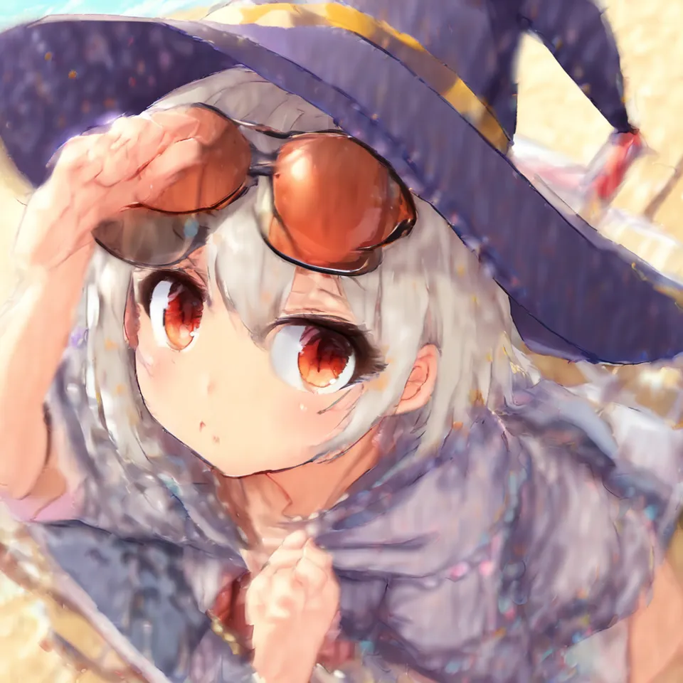 cute, 1girl, solo, early teen, white short hair, red eyes, wizard hat, robe, from above, close-up, reclining on beach chair, hand on eyewear, sunglasses, beach, summer, sunlight, dynamic angle, depth of field