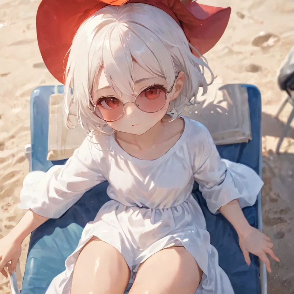 cute, 1girl, solo, early teen, white short hair, red eyes, wizard hat, robe, from above, close-up, reclining on beach chair, hand on eyewear, sunglasses, beach, summer, sunlight, dynamic angle, depth of field