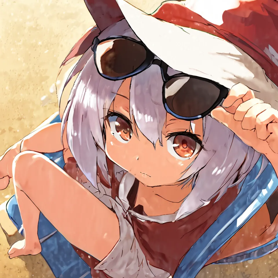 cute, 1girl, solo, early teen, white short hair, red eyes, wizard hat, robe, from above, close-up, reclining on beach chair, hand on eyewear, sunglasses, beach, summer, sunlight, dynamic angle, depth of field
