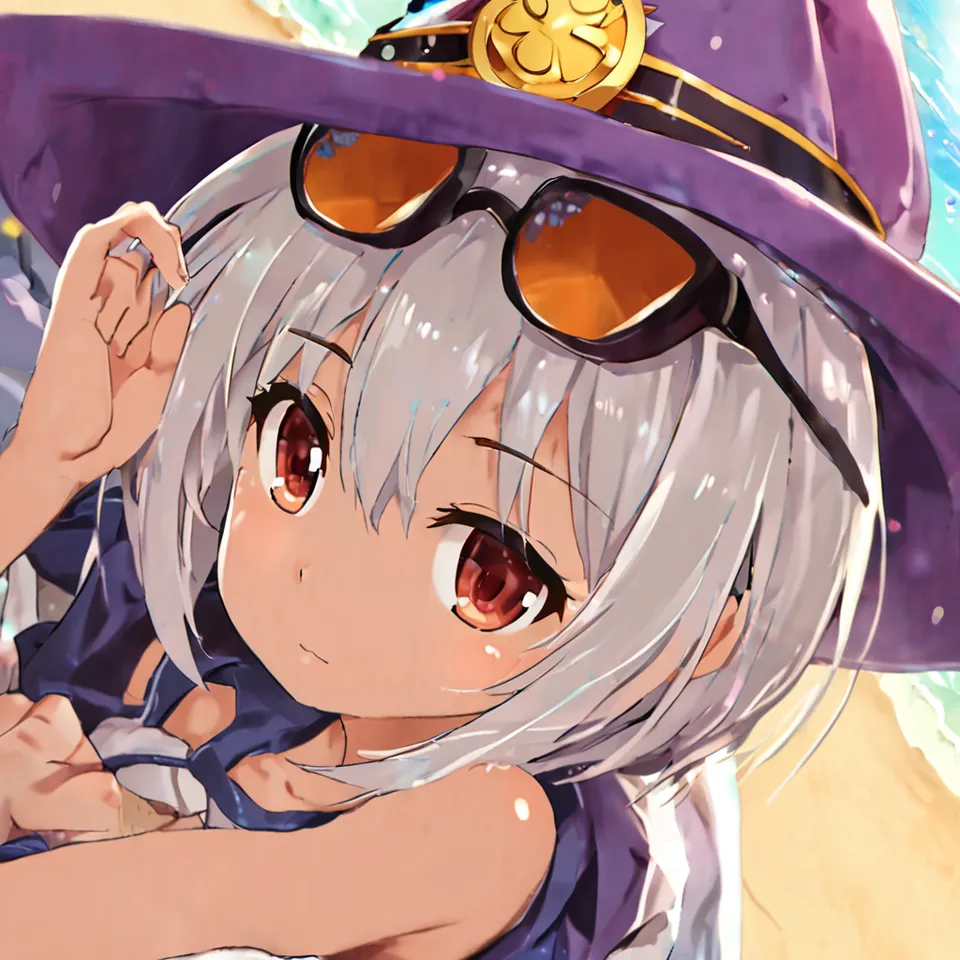 cute, 1girl, solo, early teen, white short hair, red eyes, wizard hat, robe, from above, close-up, reclining on beach chair, hand on eyewear, sunglasses, beach, summer, sunlight, dynamic angle, depth of field