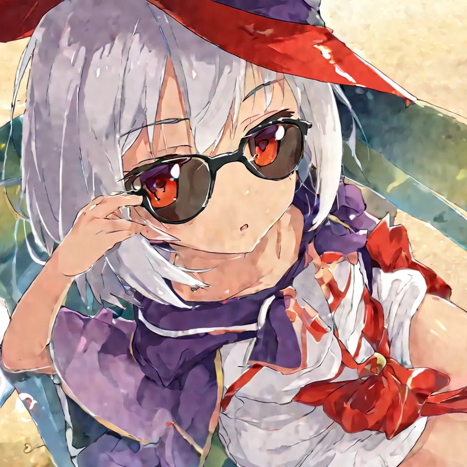 cute, 1girl, solo, early teen, white short hair, red eyes, wizard hat, robe, from above, close-up, reclining on beach chair, hand on eyewear, sunglasses, beach, summer, sunlight, dynamic angle, depth of field