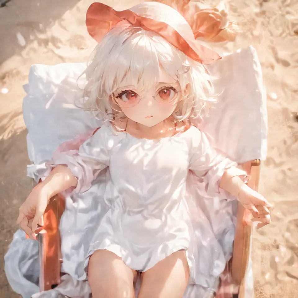 cute, 1girl, solo, early teen, white short hair, red eyes, wizard hat, robe, from above, close-up, reclining on beach chair, hand on eyewear, sunglasses, beach, summer, sunlight, dynamic angle, depth of field