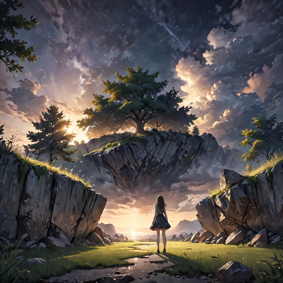 scenery, cloud, cloudy sky, concrete, from behind, grass, night, night sky, outdoors, rock, shadow, skirt, sky, standing, star (sky), starry sky, sun, sunlight, tree, vest, masterpiece, best quality