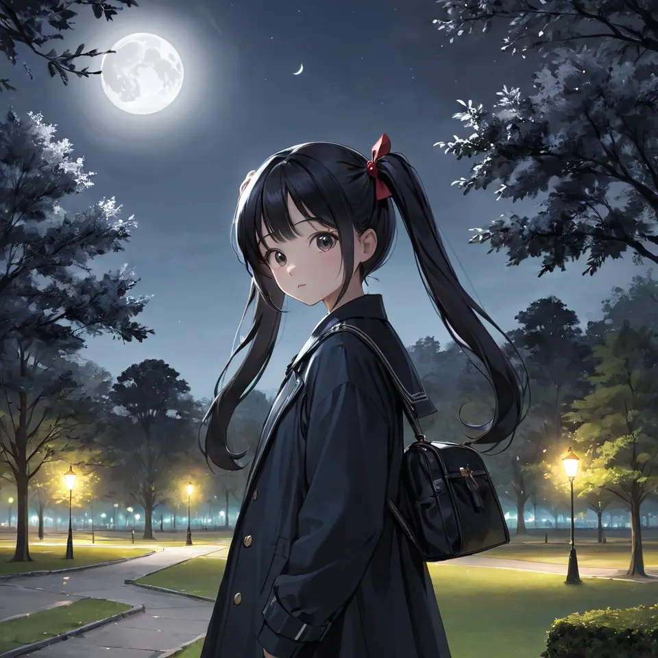 girl, black hair, twintail, park, moon, at night