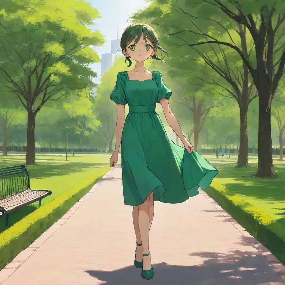 a girl, wearing green dress walking in the park