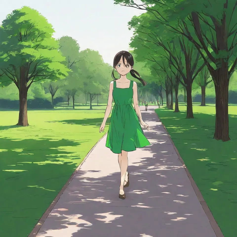 a girl, wearing green dress walking in the park