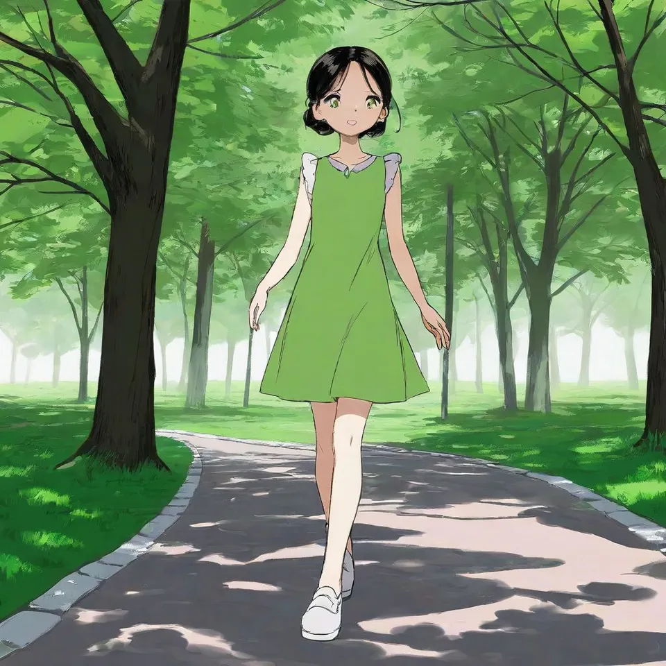 a girl, wearing green dress walking in the park