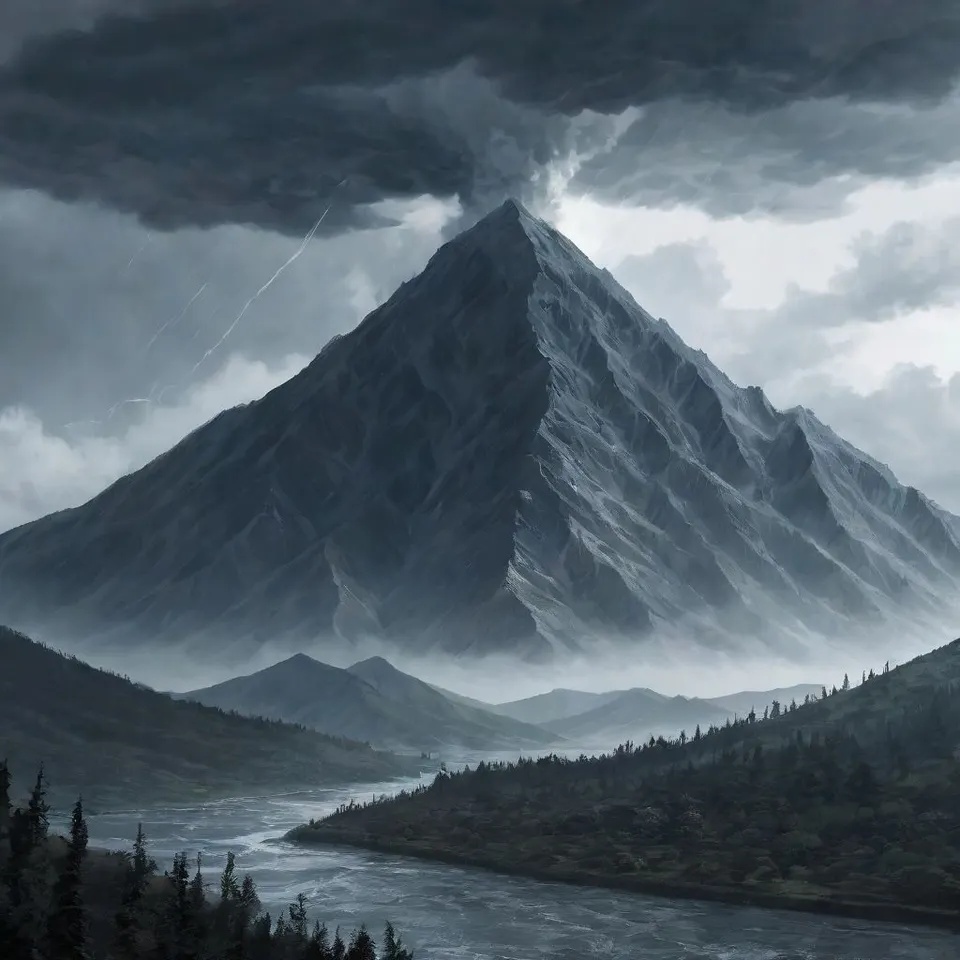 mysterious mountain during a storm