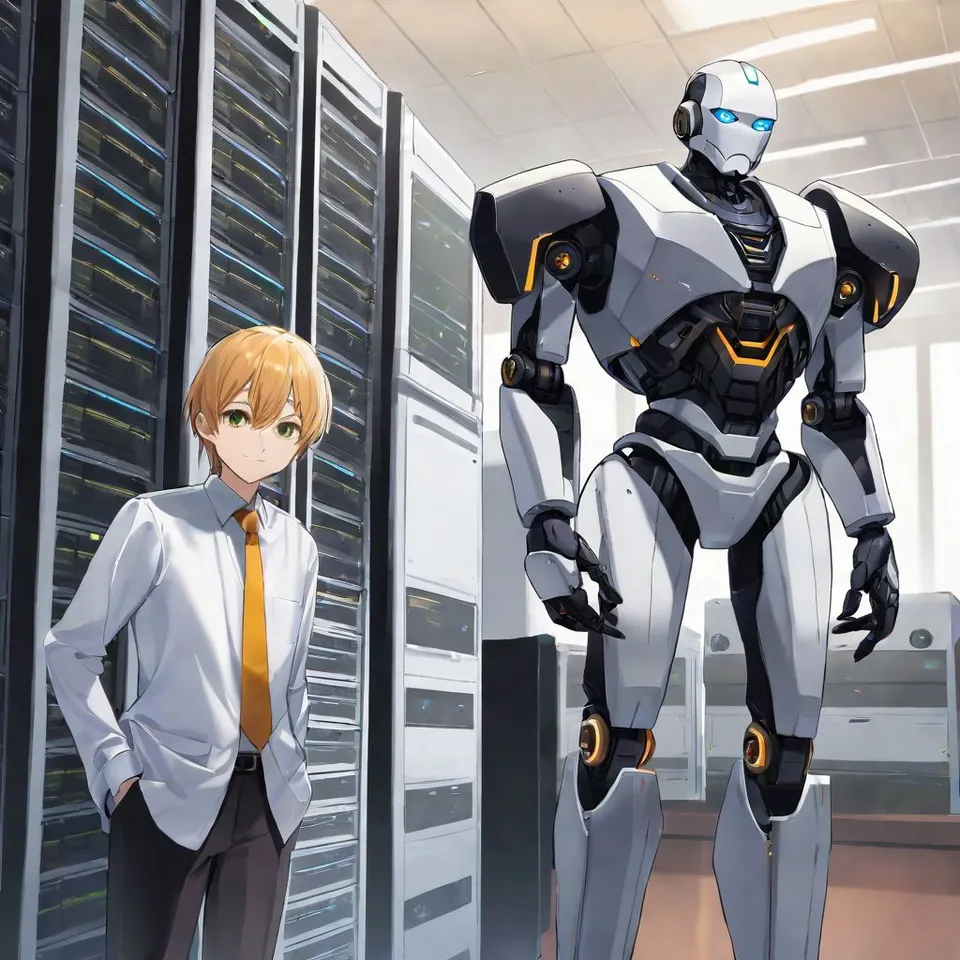Image of server with friendly robot overseeing