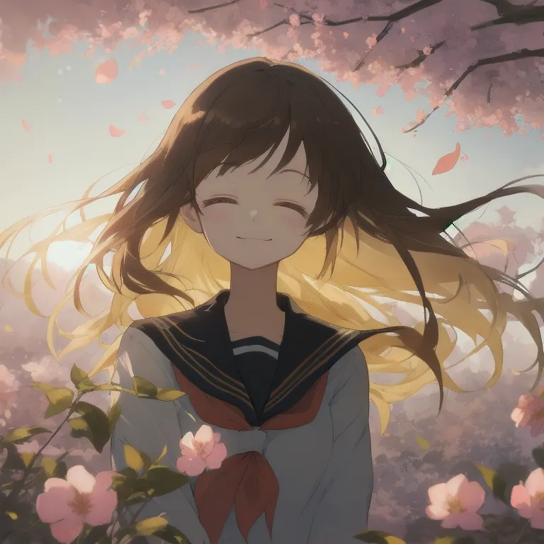 masterpiece, best quality, highres, 1girl smile closed eyes, very long hair, wind blowing, outdoors, serafuku, backlighting, petals, flowers, leaves