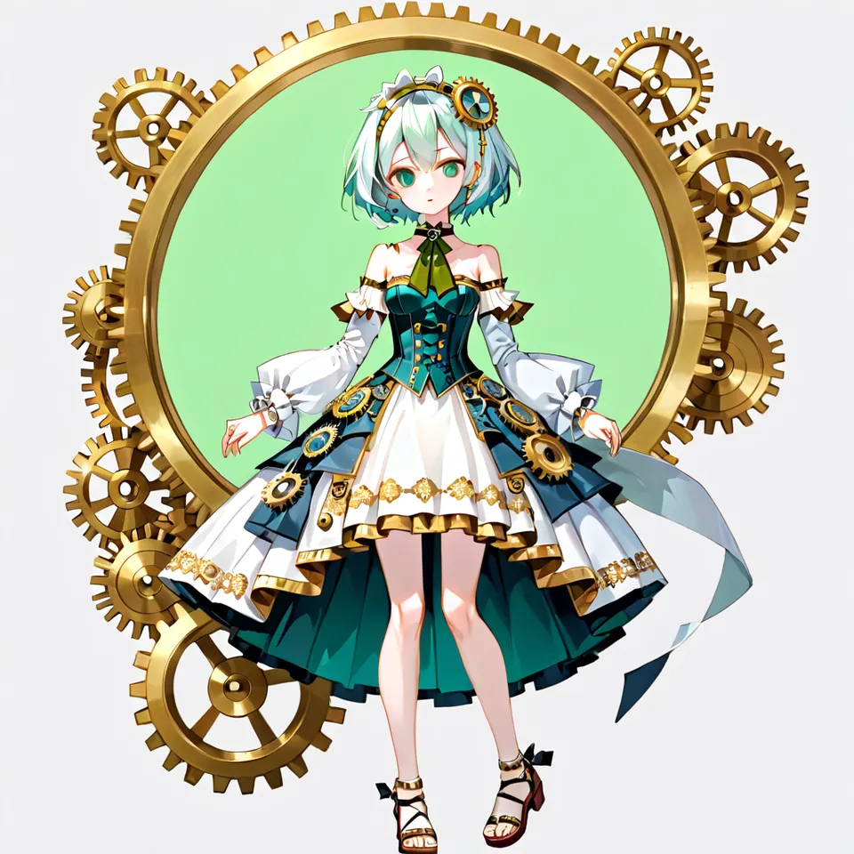 (masterpiece, best quality, high quality:1.2),illustration, 1girl, solo, short hair, bare shoulders, green eyes, upper body, white hair, braid, multicolored hair, green hair, detached collar, green background, joints, doll joints, green dress, musical note, flat chest, white sleeves, puffy sleeves, wrist cuffs, gold cuffs, translucent dress, layered sleeves, corset, red ascot, choker, white choker, hairband, gold hairband, blue hair, messy hair, gears, tailcoat, anklet, sandals, brown footwear, high heeled sandals, bare legs, gold trim, aqua eyes, hair between eyes, bloomers, white topwear, puffy dress, full body