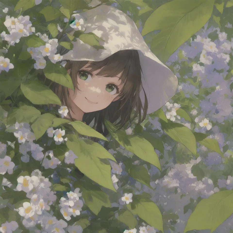 masterpiece, best quality, highres, 1girl smile, leaf, flowers