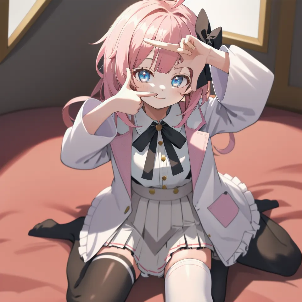 masterpiece, best quality, highres, 1girl anisphia ahoge hair ribbon, pink skirt frilled skirt white jacket cropped jacket white shirt white thighhighs frills black bow neck ribbon black ribbon wide sleeves, sitting, wariza, smile