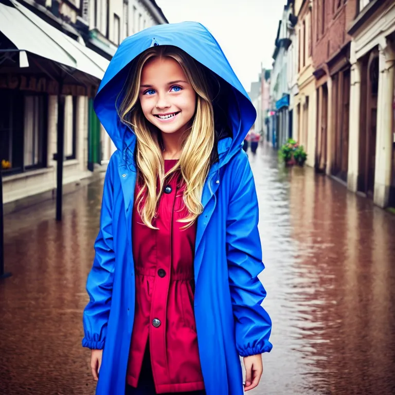 girl, blonde hair, red eyes, rain, looking down, smile, tears, blue raincoat, hood up, town