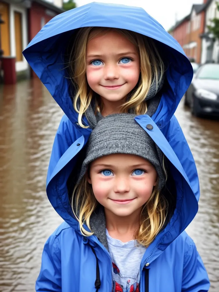 girl, blonde hair, red eyes, rain, looking down, smile, tears, blue raincoat, hood up, town