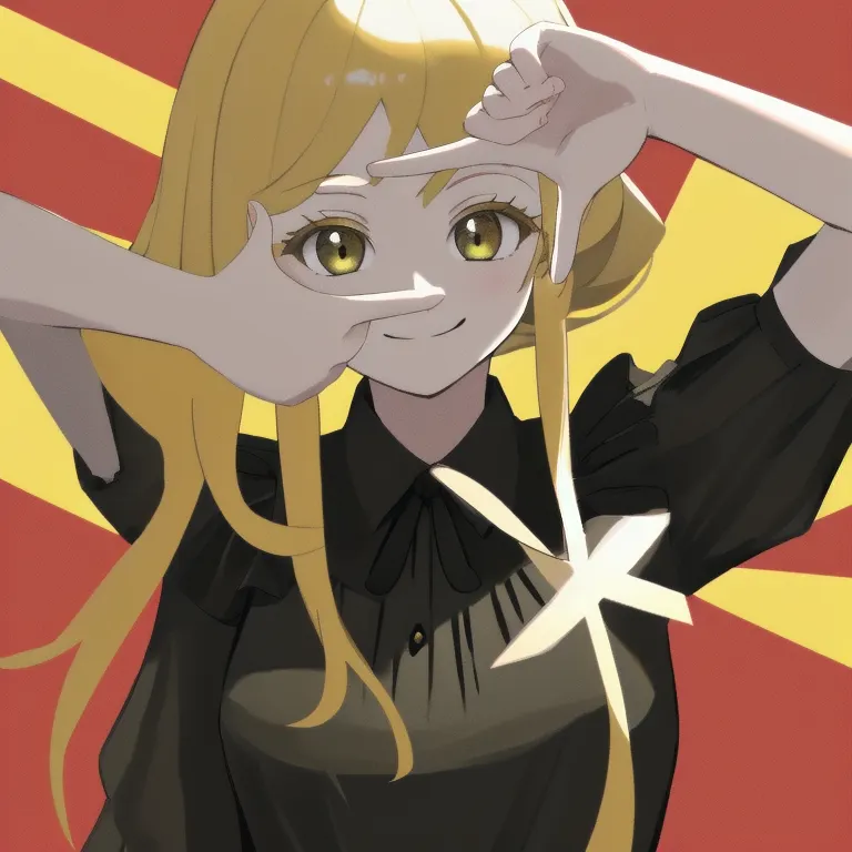 masterpiece, best quality, highres, 1girl blonde hair, finger frame, white shirt black dress, smile <lora:finger_frame_final:1>